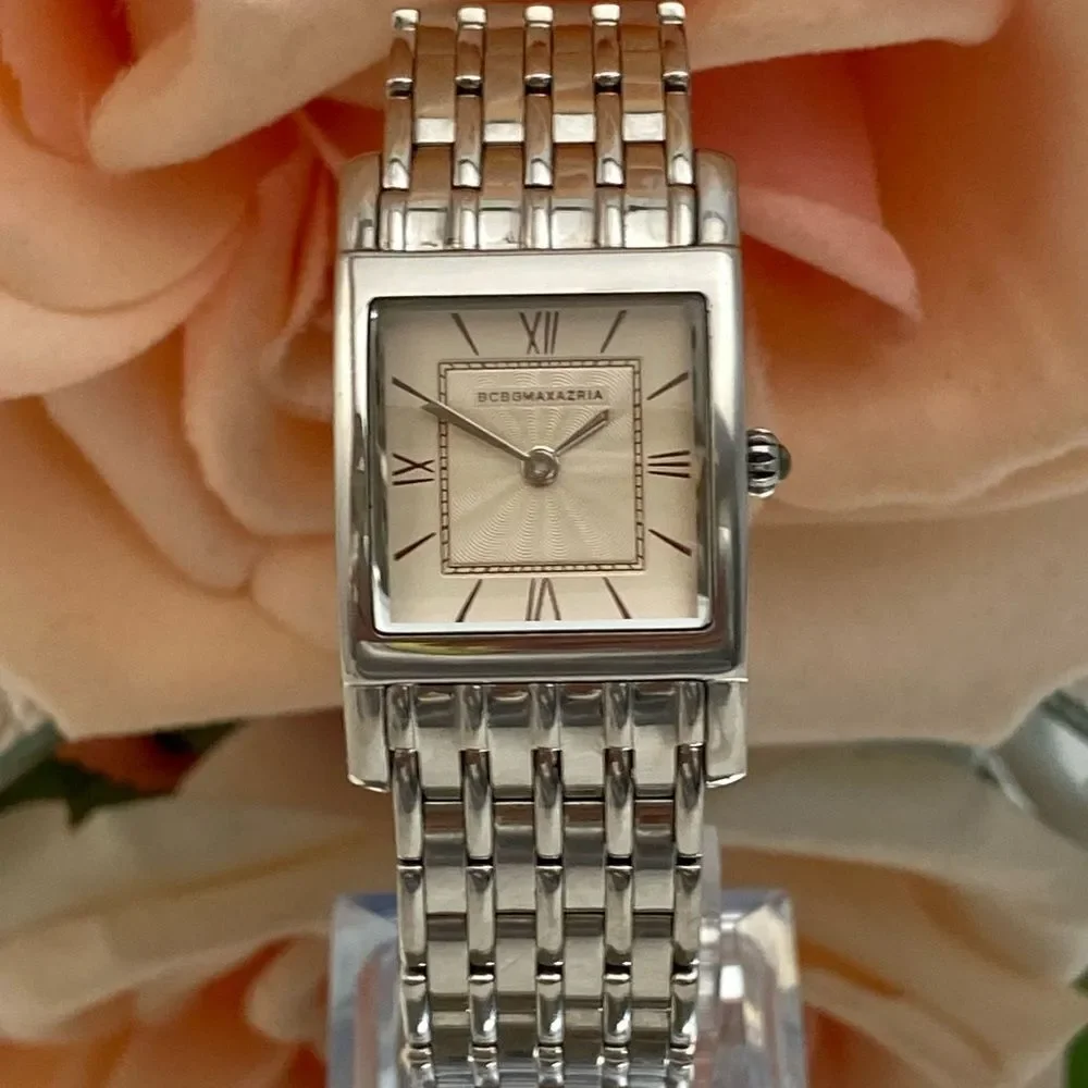 BCBGMaxAzria Stainless Steel Tank Style Dress Watch Roman Numerals